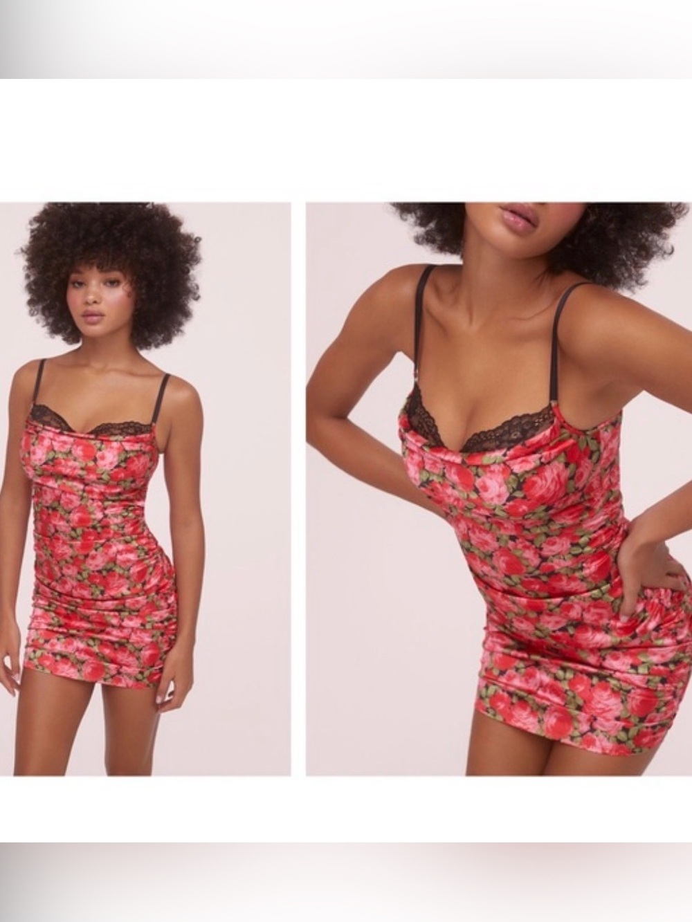 For Love & Lemons Red Floral Slip Mini Dress with Black Lace Madeline